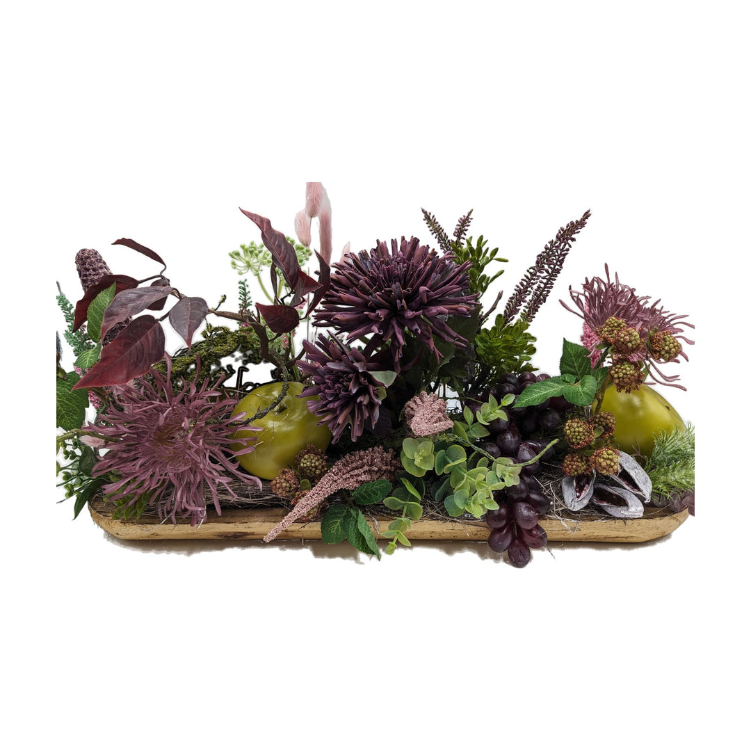 Freigestellt Herbstgesteck Apfel Trauben Chrysanthemen lila grün
