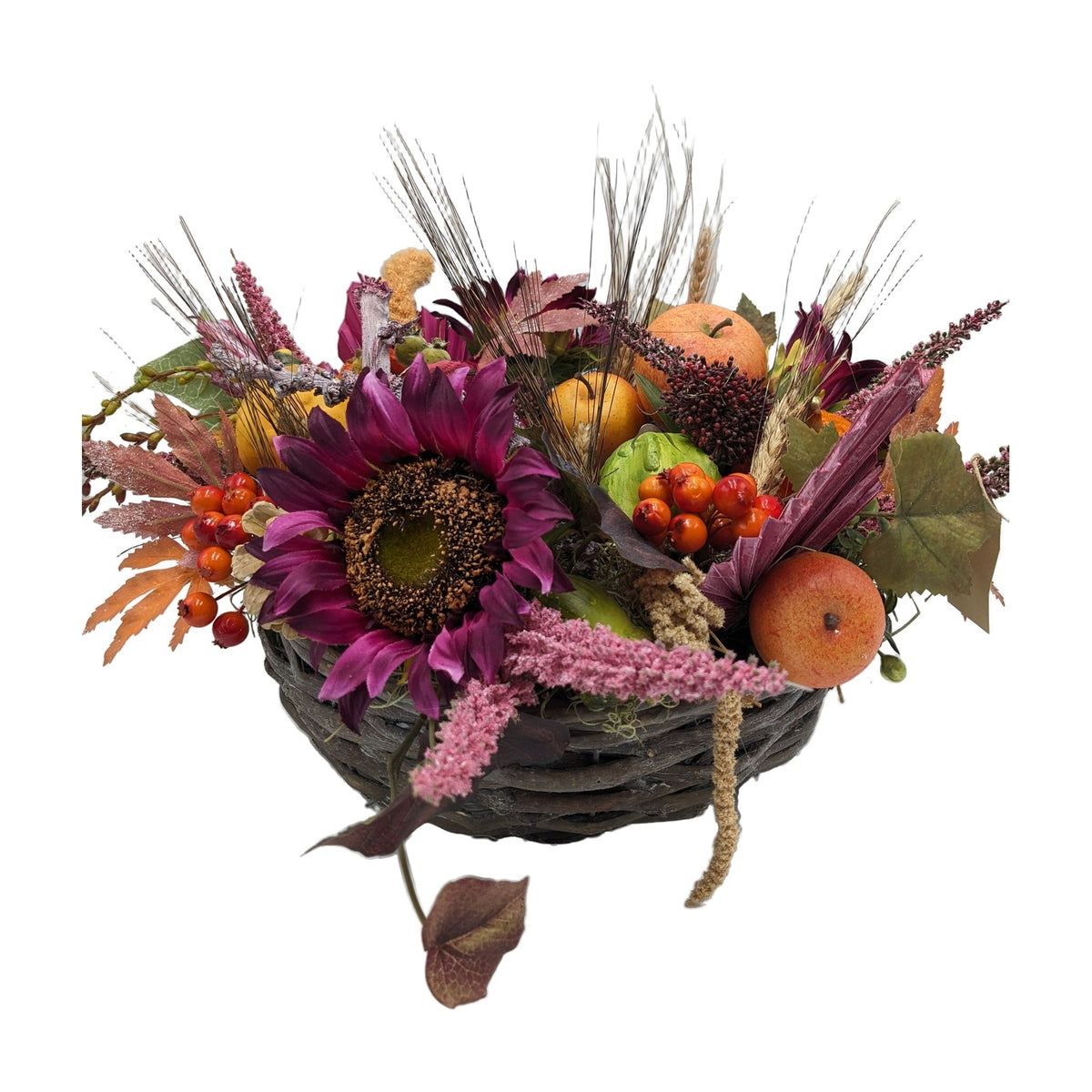 Freigestellt Herbstgesteck Korb Sonnenblume Kürbis Äpfel Beeren bunt
