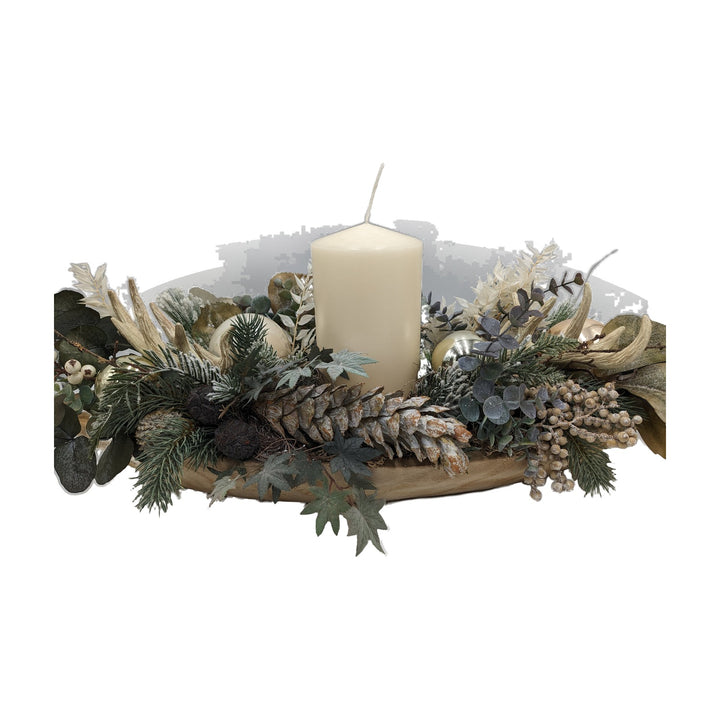 Freigestellt Weihnachtsgesteck Kerze Kugeln Zapfen Geweih creme grün