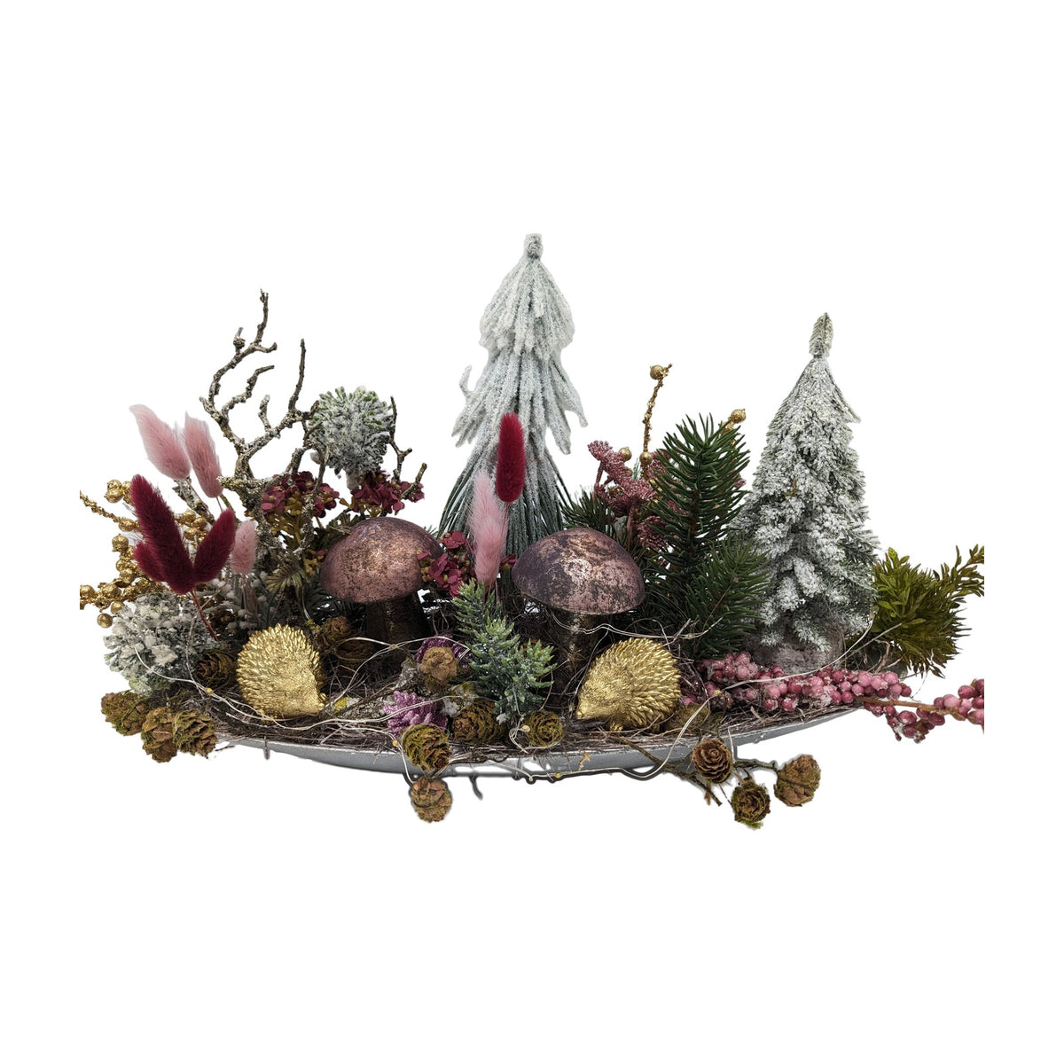Freigestellt Wintergesteck LED Pilze Igel Tannenbäumchen rosa gold