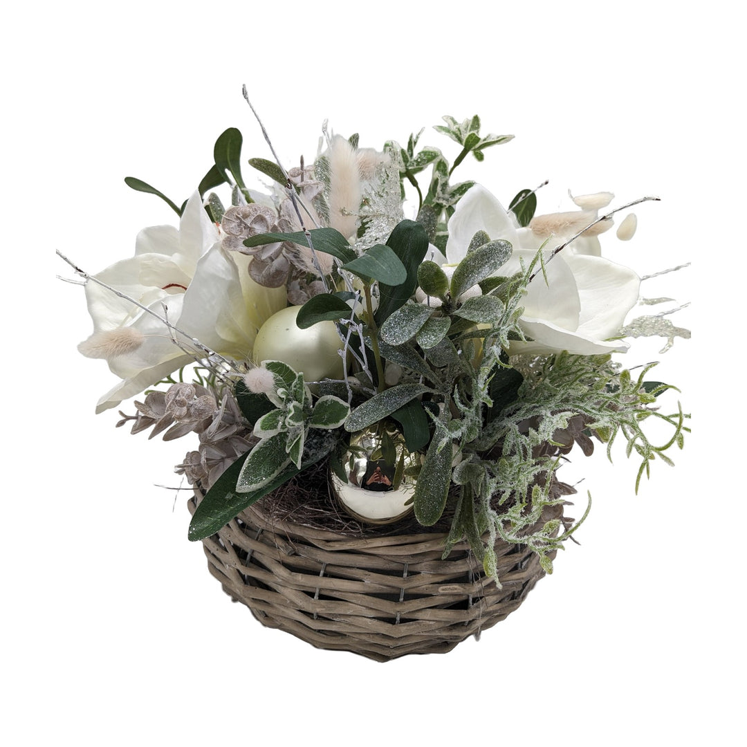 Freigestellt Weihnachtsgesteck Amaryllis Kugeln Eukalyptus weiß grün