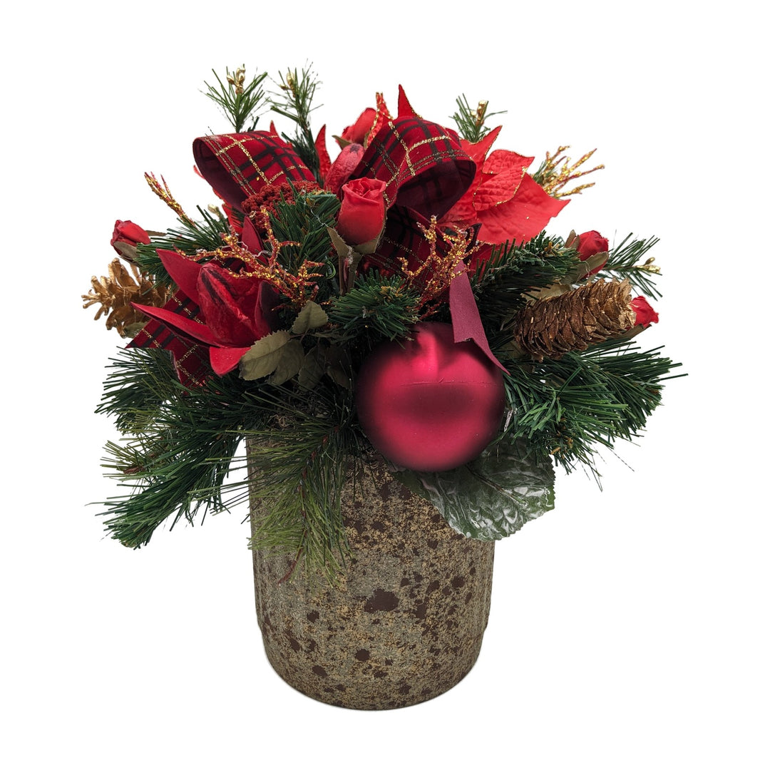 Freigestellt Weihnachtsgesteck Trauergesteck Kugel Rosen Zapfen rot gold