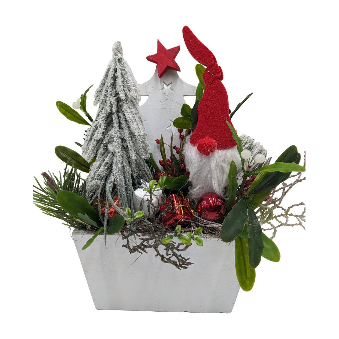 Freigestellt Weihnachtsgesteck Wichtel Kugeln Geschenke rot weiß