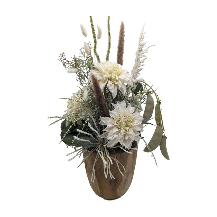 Freigestellt Herbstgesteck Spider Chrysantheme Gräser Schoten creme grün