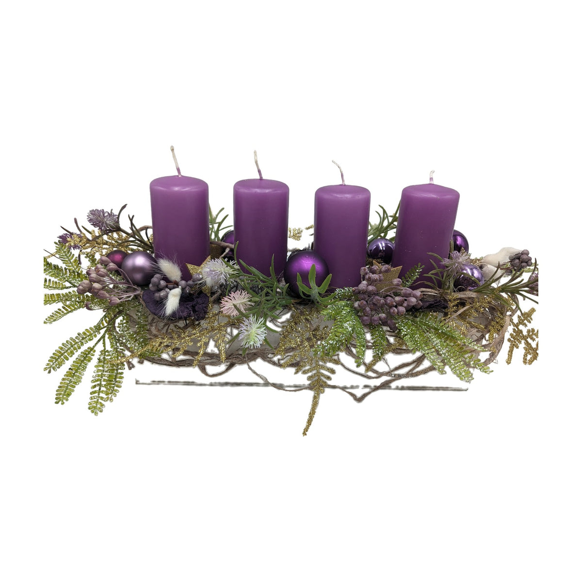 Freigestellt Adventsgesteck Kugel Stern Beeren Farn lila gold