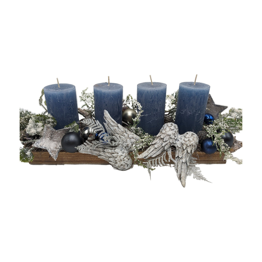 Freigestellt Weihnachtsgesteck Adventsgesteck Kugel Flügel Stern blau silber