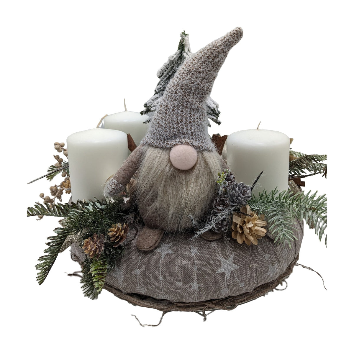 Freigestellt Adventskranz Wichtel Zapfen Beeren Tanne weiß taupe
