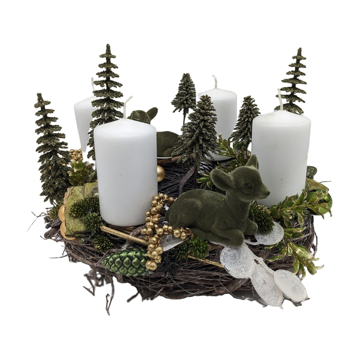 Freigestellt Adventskranz Rehkitz Tannenbäumchen Zapfen Kugeln grün weiß