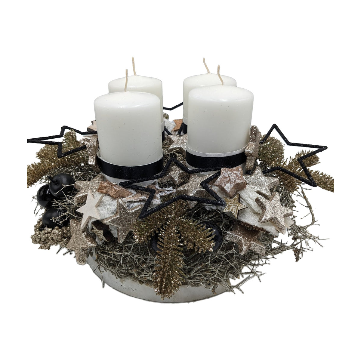 Freigestellt Adventskranz modern Sterne Kugel Apfel weiß schwarz gold