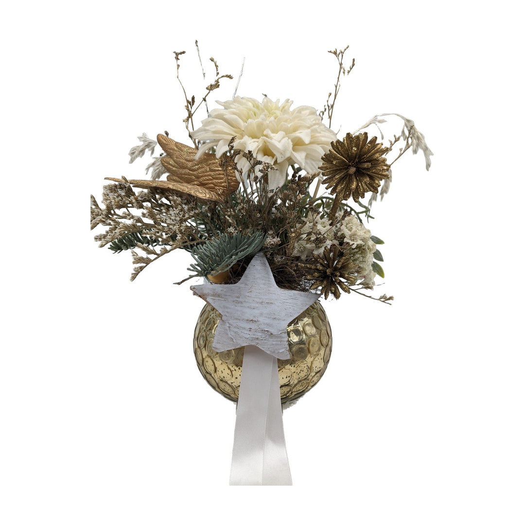 Freigestellt Weihnachtsgesteck Chrysantheme Stern Flügel creme gold
