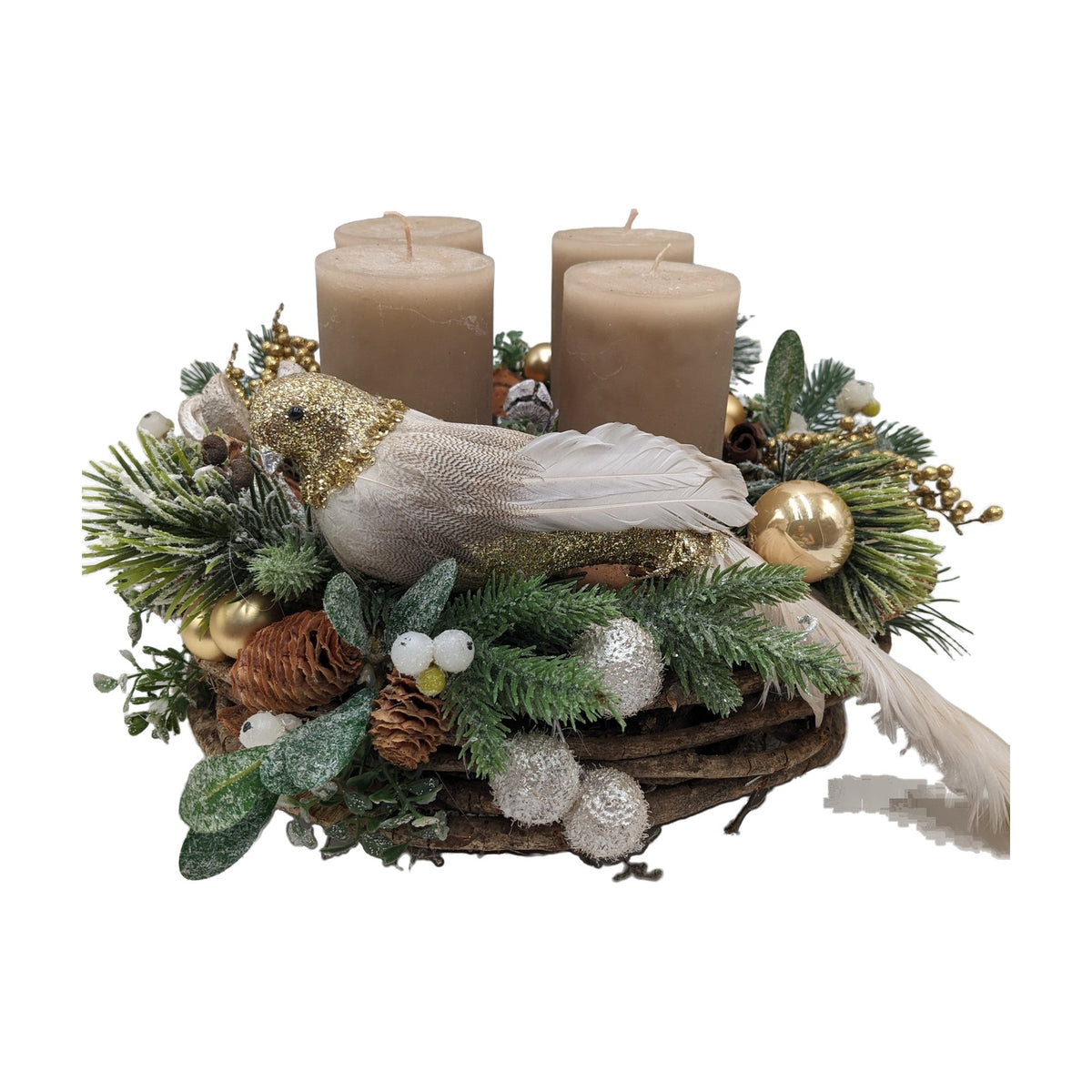 Freigestellt Adventskranz Vogel Zapfen Kugeln sand gold