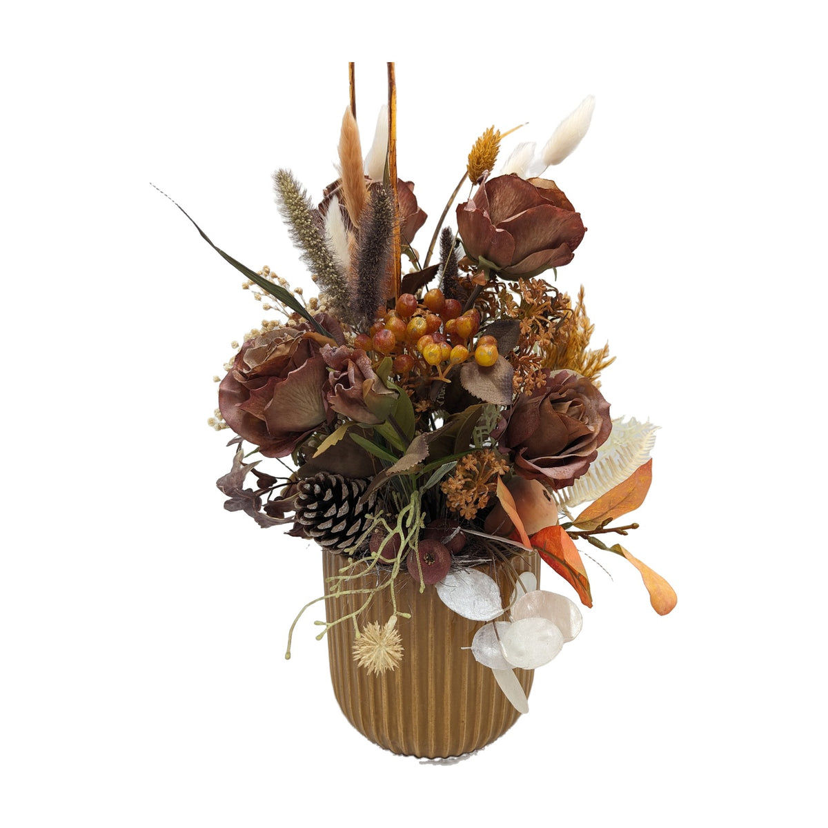 Freigestellt Herbstgesteck Rosen Zapfen Beeren Gräser braun orange