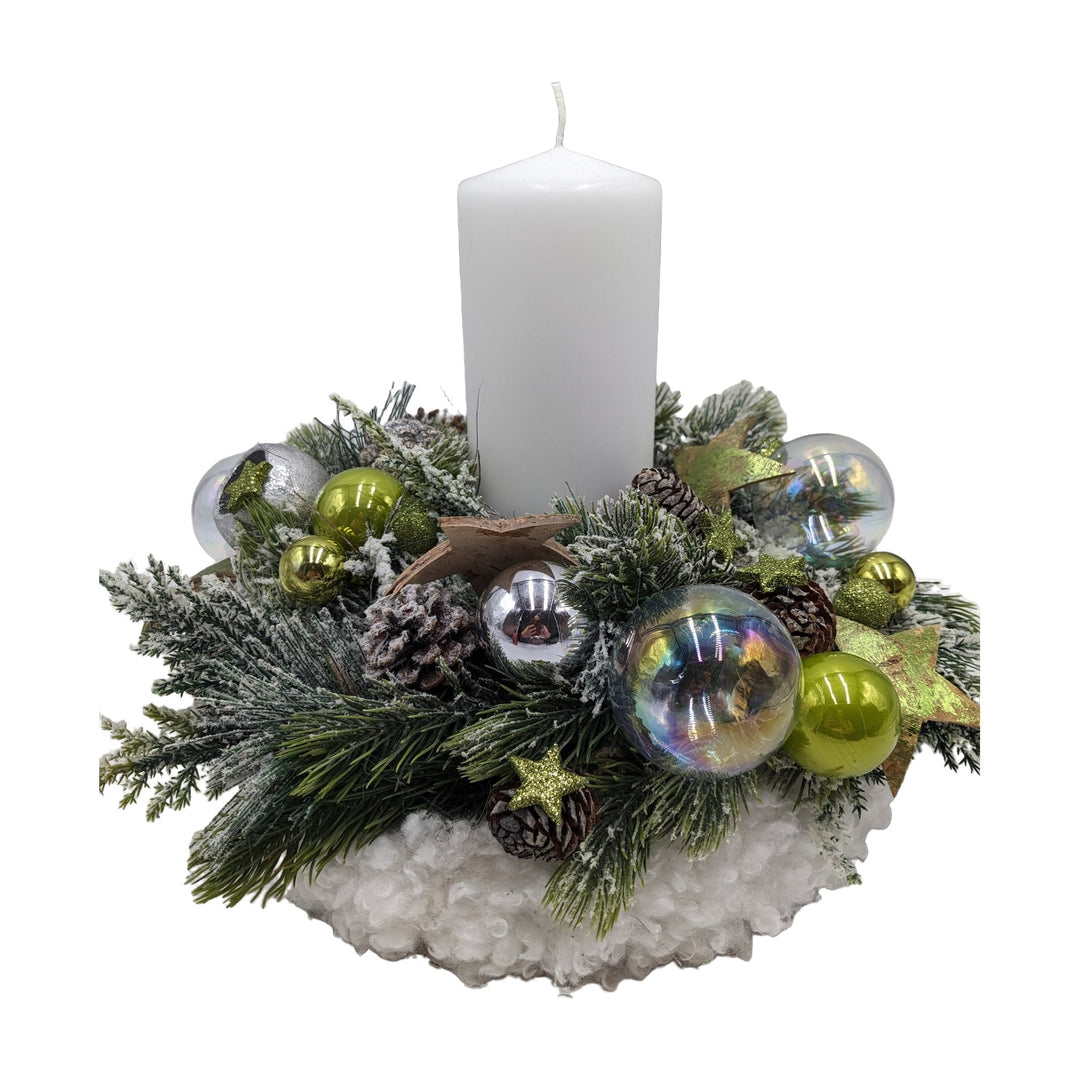 Freigestellt Weihnachtsgesteck Kerze Kugeln Sterne Zapfen weiß grün