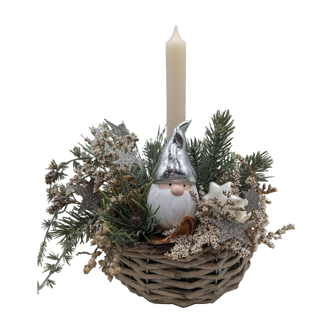 Freigestellt Weihnachtsgesteck Weihnachtsmann Sterne Kerze creme silber