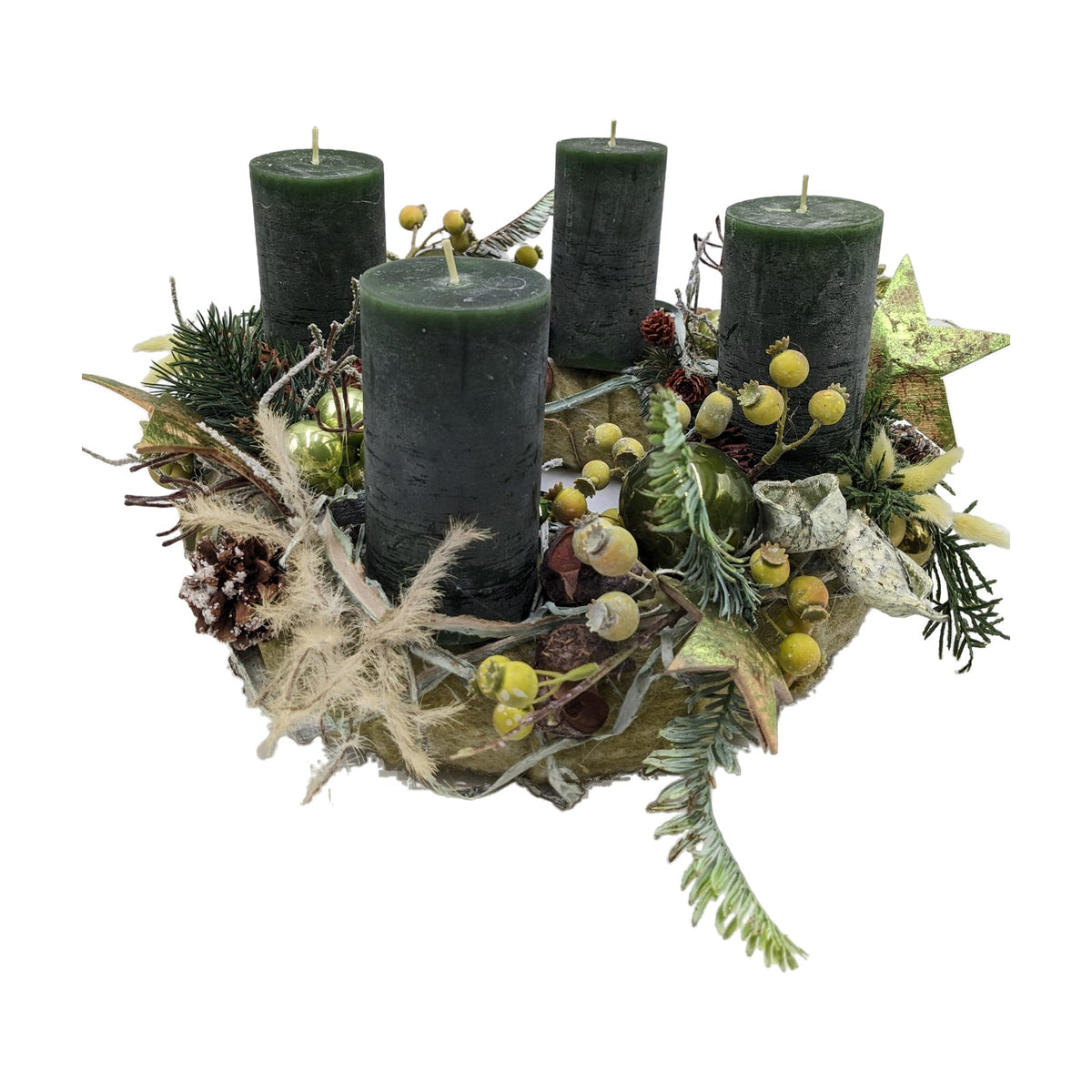 Freigestellt Adventskranz Kerzen Kugel Stern Beeren grün gelb