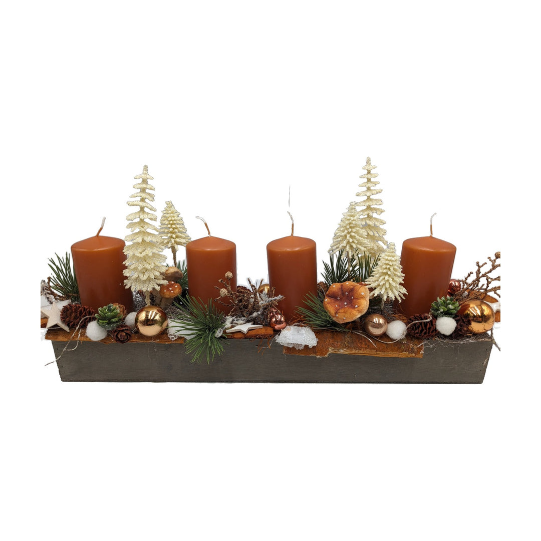 Freigestellt Adventsgesteck Kerzen Kugeln Pilz Stern orange creme