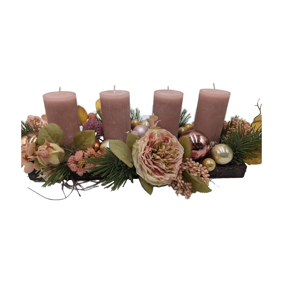 Freigestellt Adventsgesteck Kerzen Kugeln Rose Sedum rosa creme