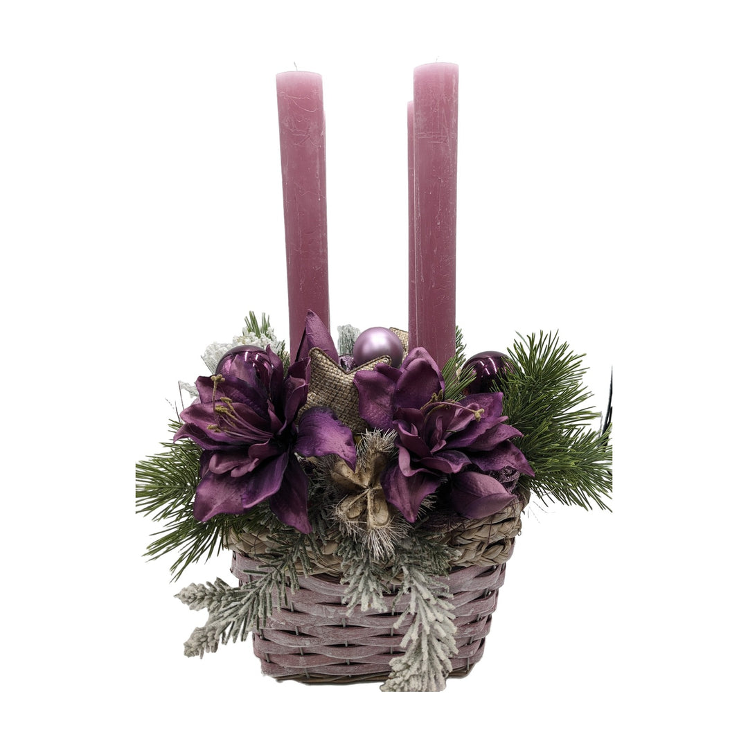 Freigestellt Adventsgesteck Korb Amaryllis Kugeln Stern lila rosa