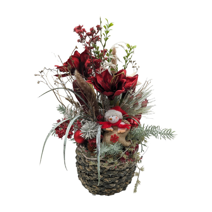 Freigestellt Weihnachtsgesteck Amaryllis Schneemann Kugeln rot natur