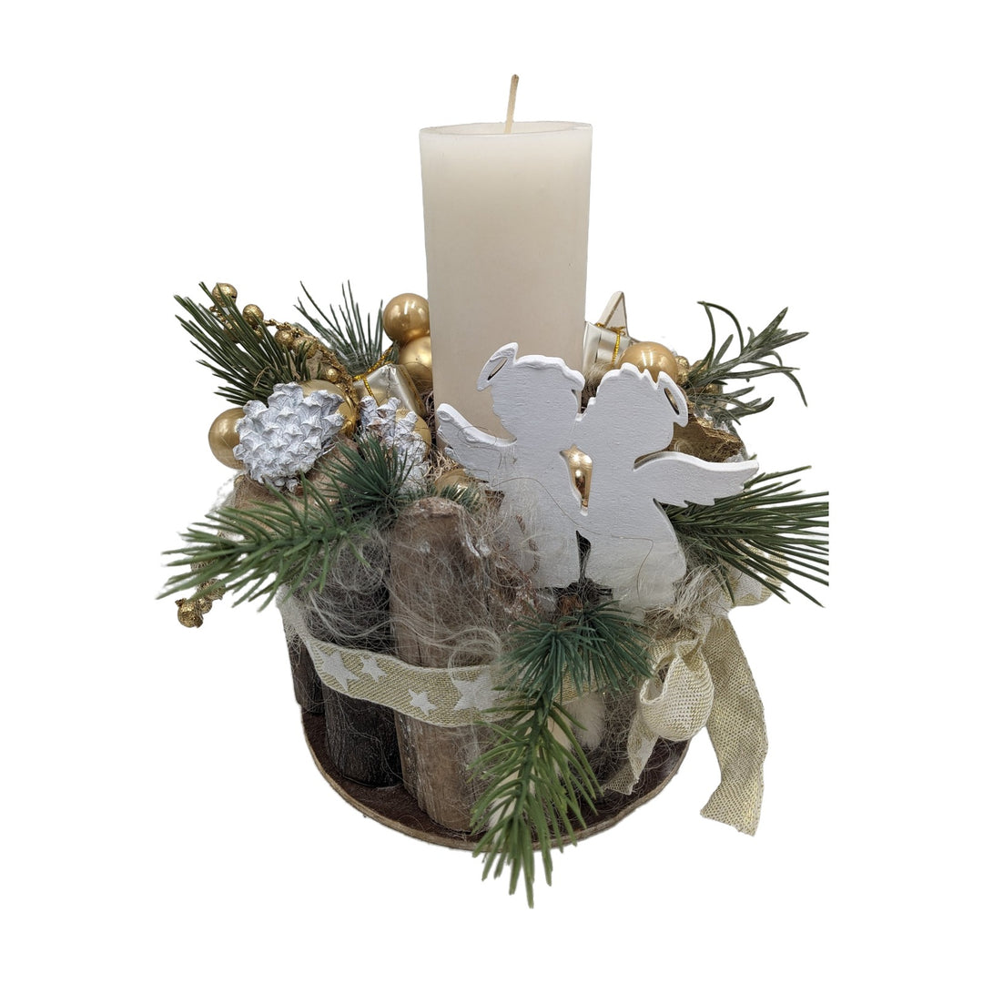 Freigestellt Weihnachtsgesteck Engel Kugeln Zapfen creme gold