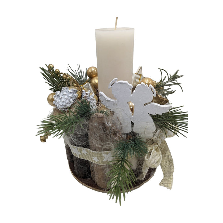 Freigestellt Weihnachtsgesteck Engel Kugeln Zapfen creme gold