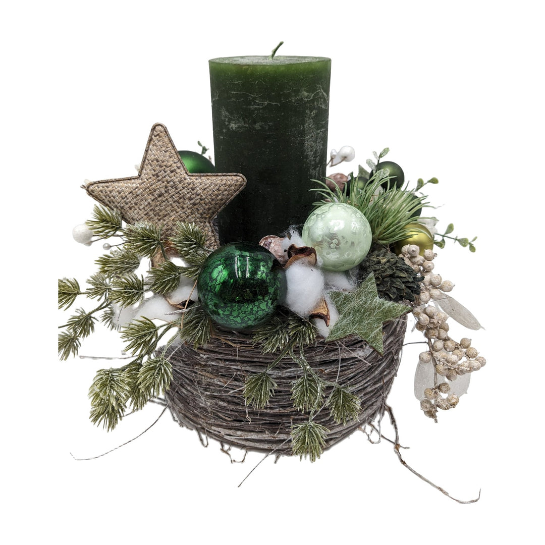 Freigestellt Weihnachtsgesteck Kerze Kugeln Stern Beeren grün creme
