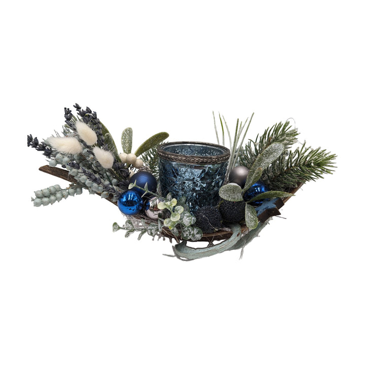 Freigestellt Weihnachtsgesteck Teelicht Kugeln Beeren Tanne blau grün
