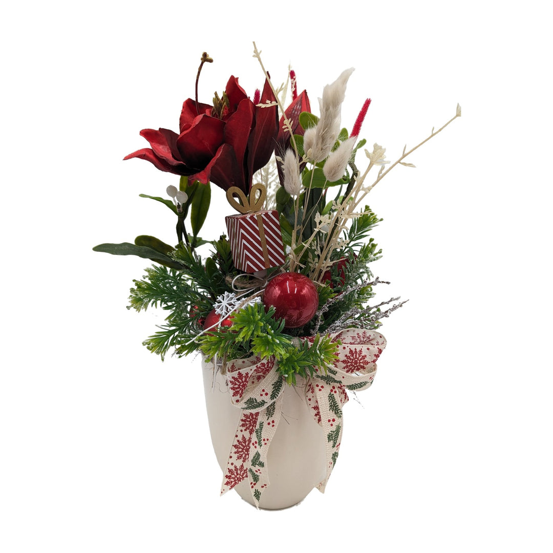 Freigestellt Weihnachtsgesteck Amaryllis Kugel Geschenk rot creme