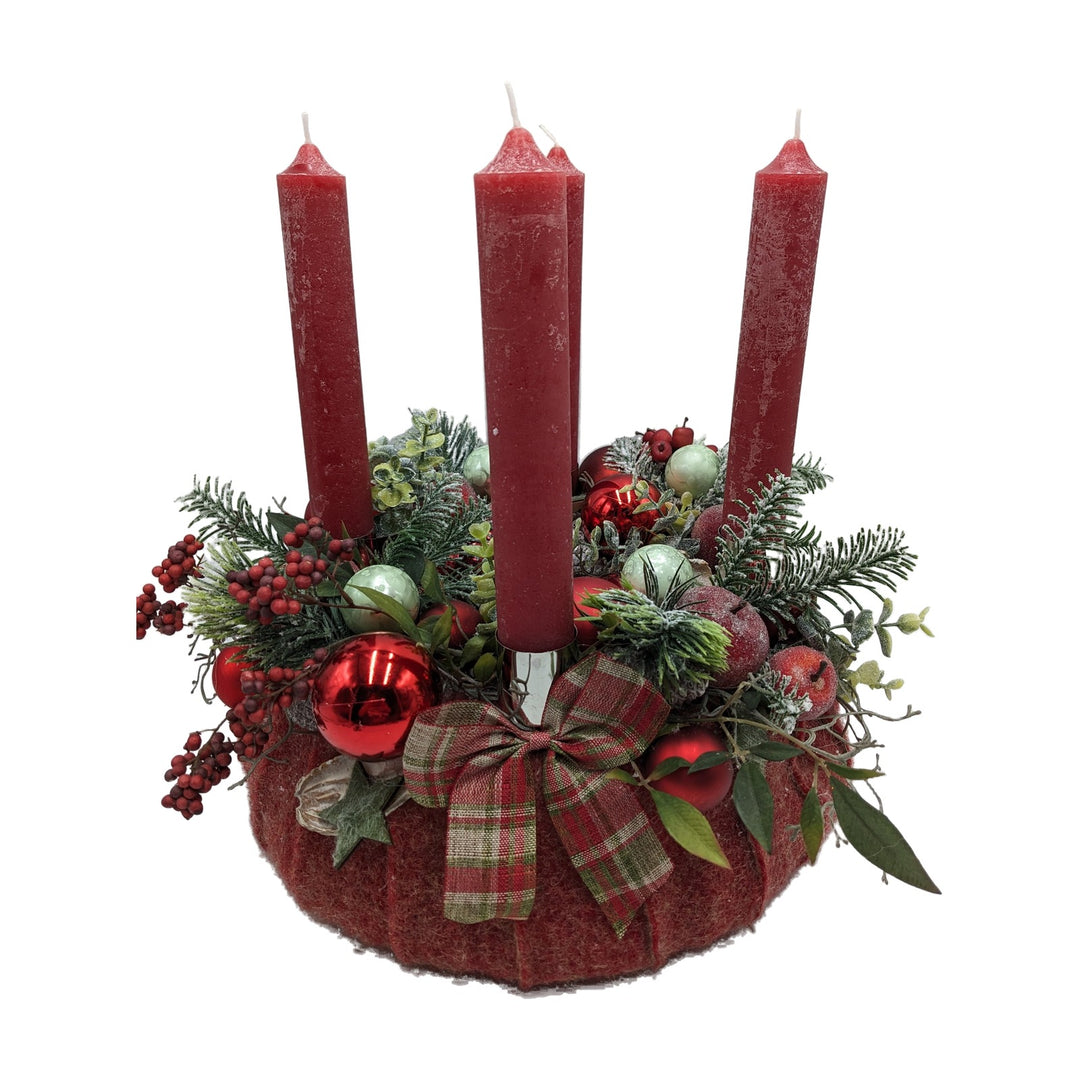 Adventskranz klassisch Kugeln Äpfel Beeren Schleife rot grün