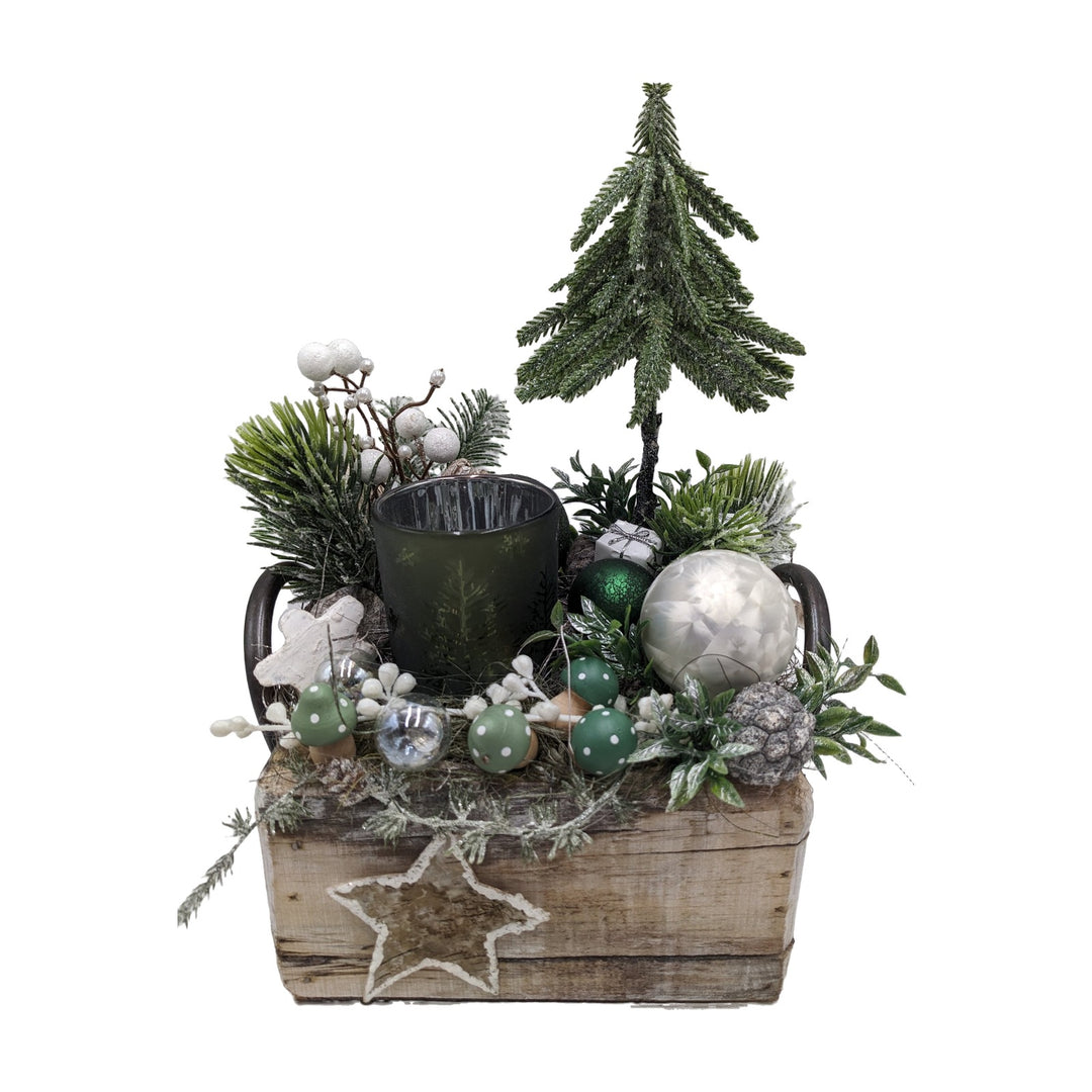 Freigestellt Weihnachtsgesteck Holzlade Tannenbaum Kugeln Teelicht Stern grün weiß
