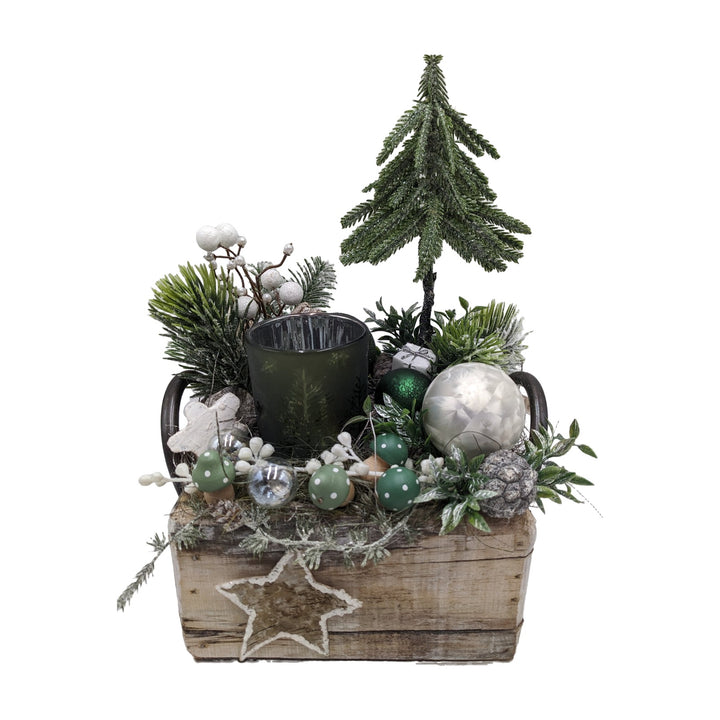 Freigestellt Weihnachtsgesteck Holzlade Tannenbaum Kugeln Teelicht Stern grün weiß