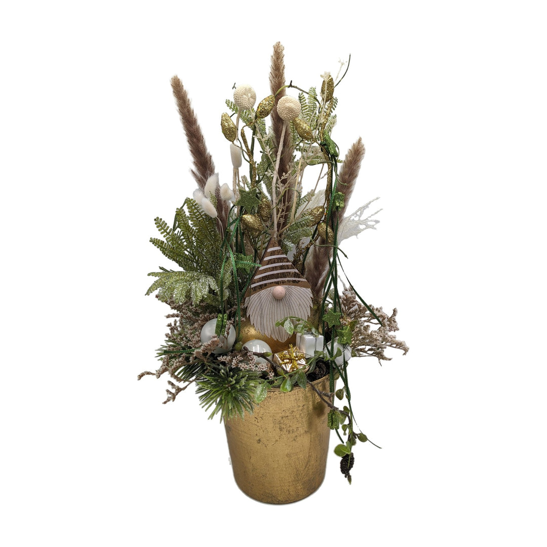 Freigestellt Weihnachtsgesteck Wichtel Kugeln Geschenke Gräser gold weiß