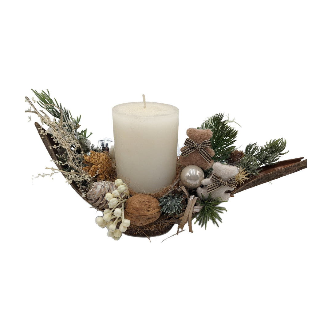 Freigestellt Weihnachtsgesteck Kerze Kugel Zapfen Teddy creme natur