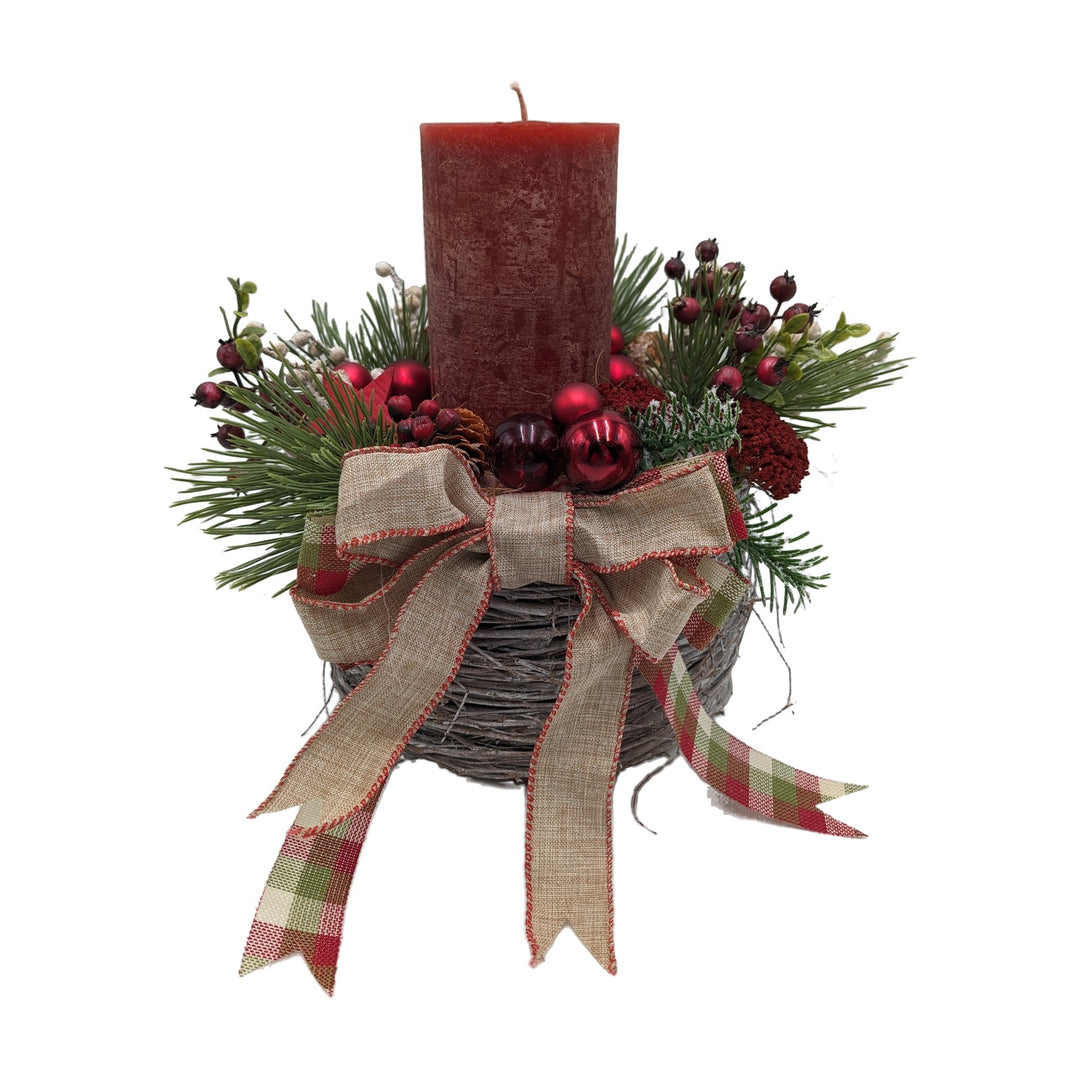 Freigestellt Weihnachtsgesteck Kerze Kugeln Stern Schleife rot natur
