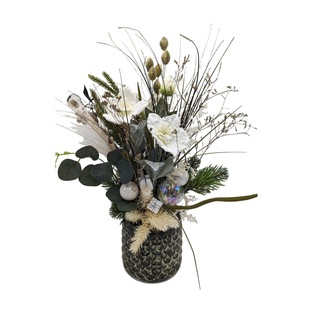 Freigestellt Weihnachtsgesteck Christrose Kugeln Geschenke weiß grün