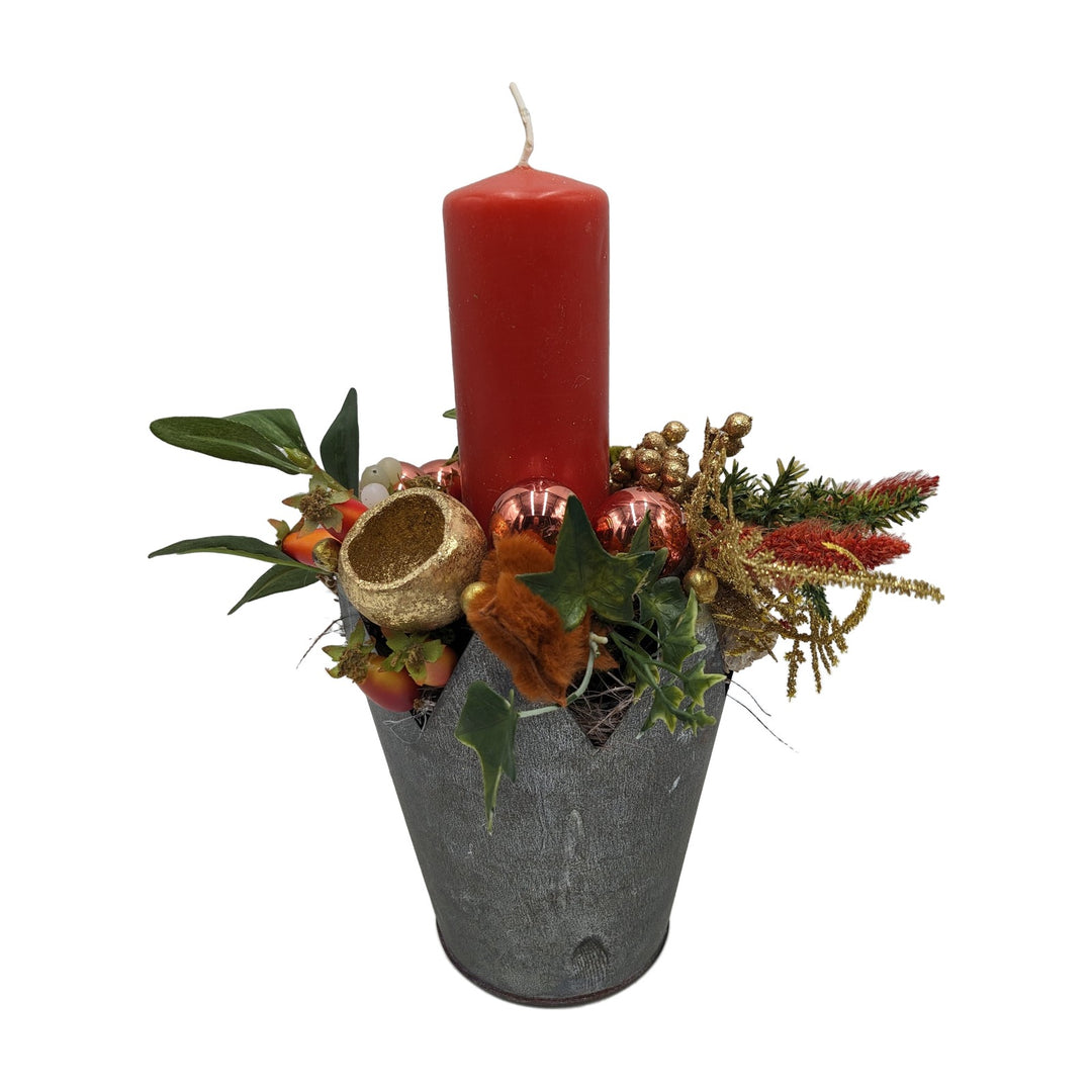 Freigestellt Weihnachtsgesteck Kerze Kugeln Stern Efeu orange gold