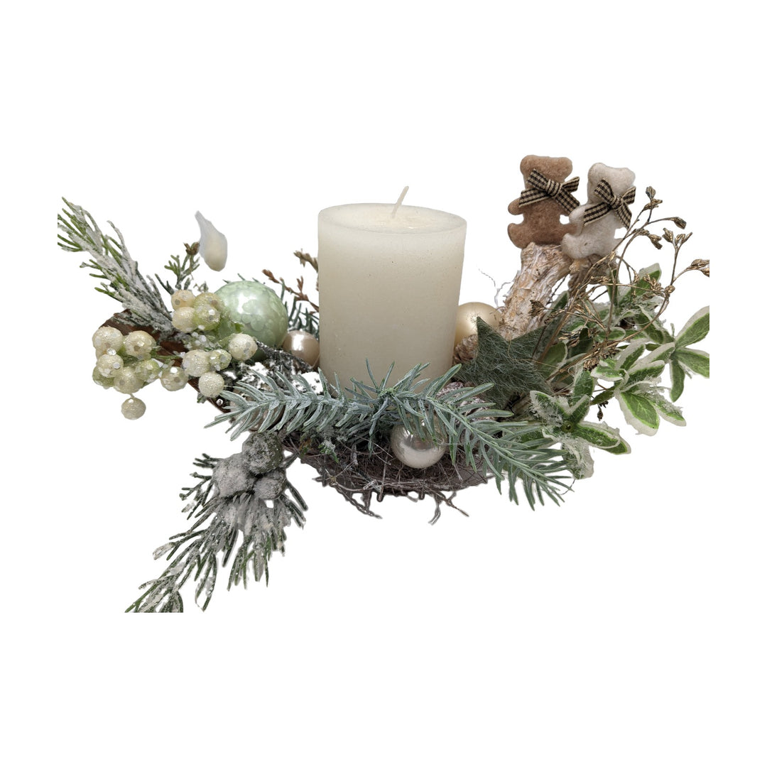 Freigestellt Weihnachtsgesteck Kugel Teddy Stern Kerze creme mint