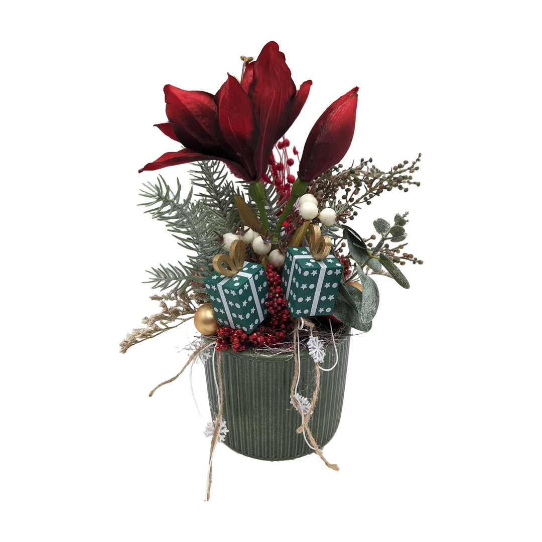 Freigestellt Weihnachtsgesteck Amaryllis Geschenke Kugeln rot grün