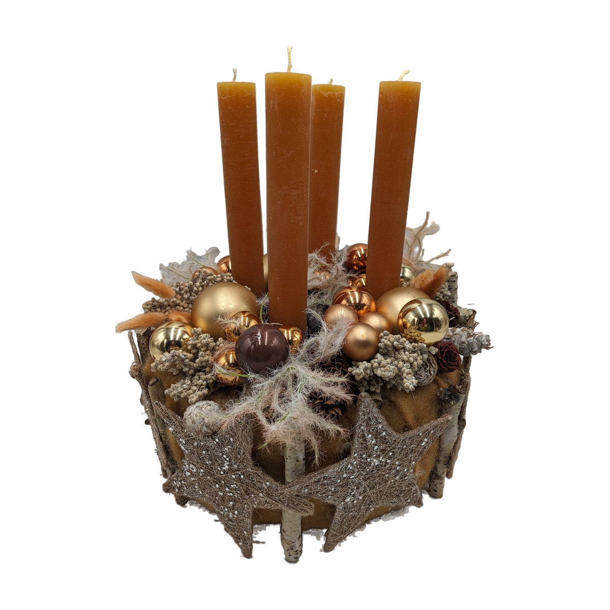 Freigestellt Adventskranz Kugeln Sterne Zapfen orange gold braun