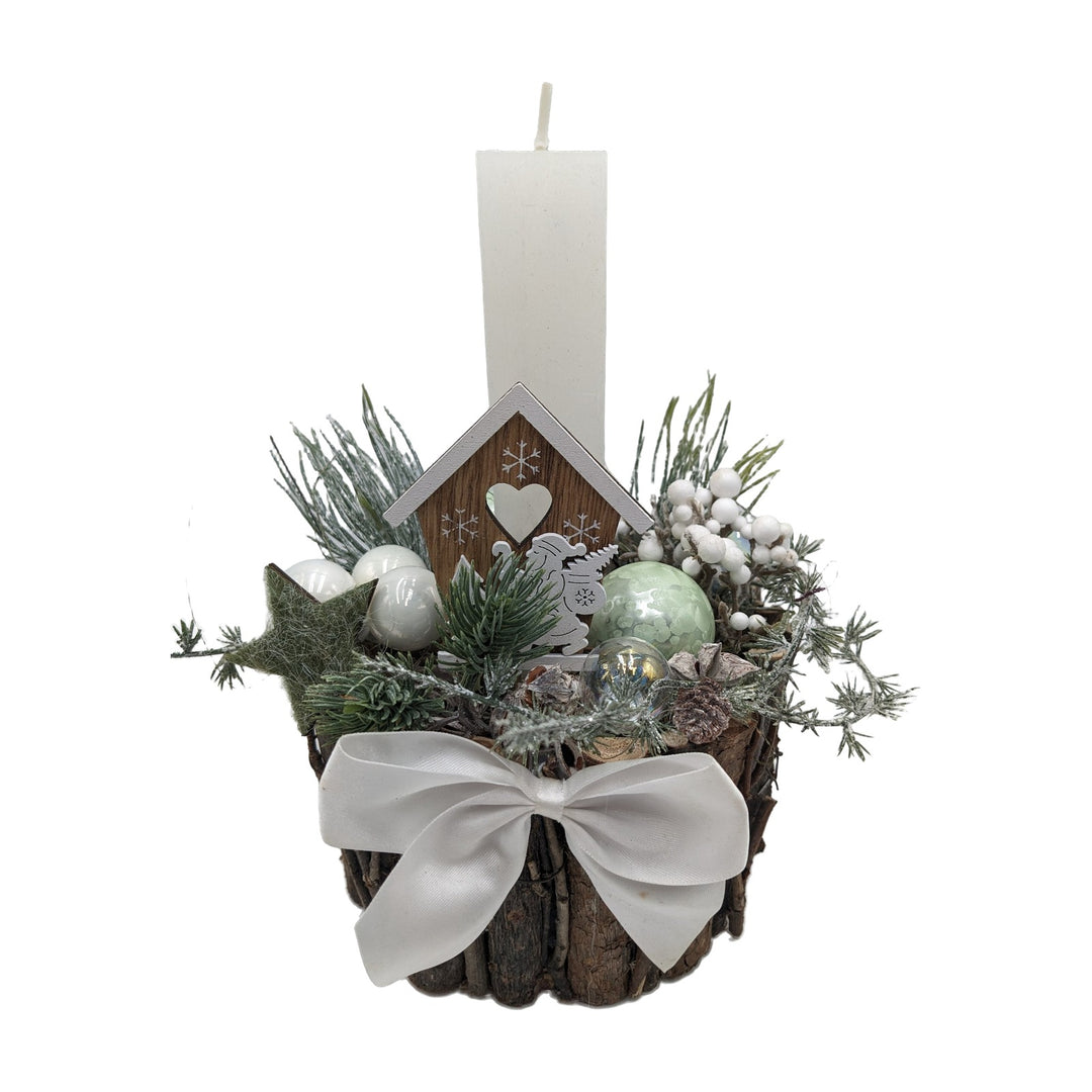 Freigestellt Weihnachtsgesteck Haus Kugeln Schleife Kerze weiß mint