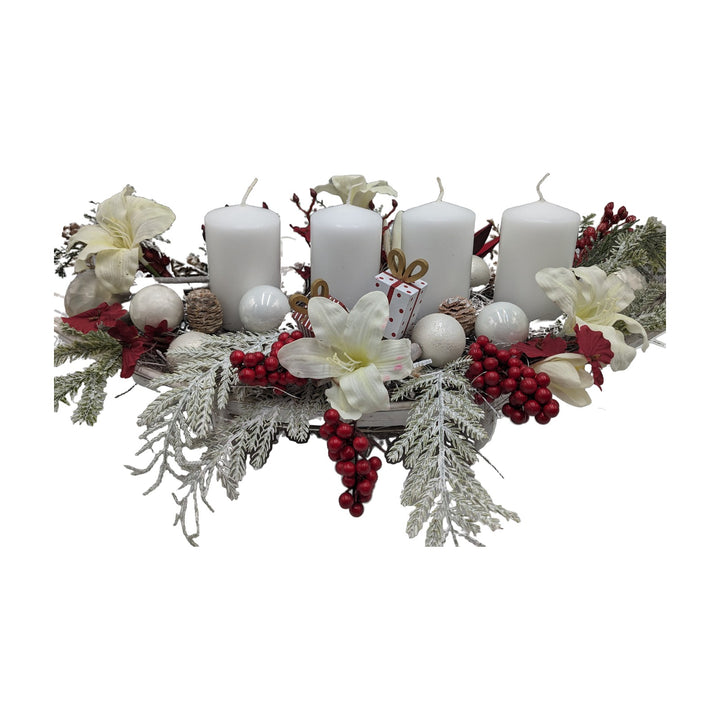 Freigestellt Adventsgesteck Amaryllis Geschenk Zapfen Beeren weiß rot