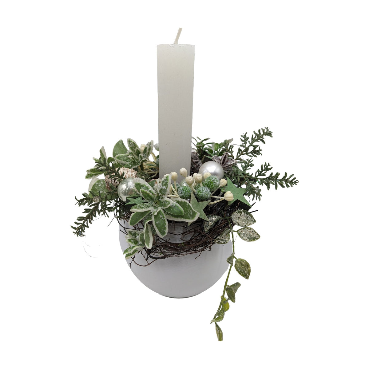 Freigestellt Weihnachtsgesteck Kerze Kugeln Sterne Beeren weiß grün