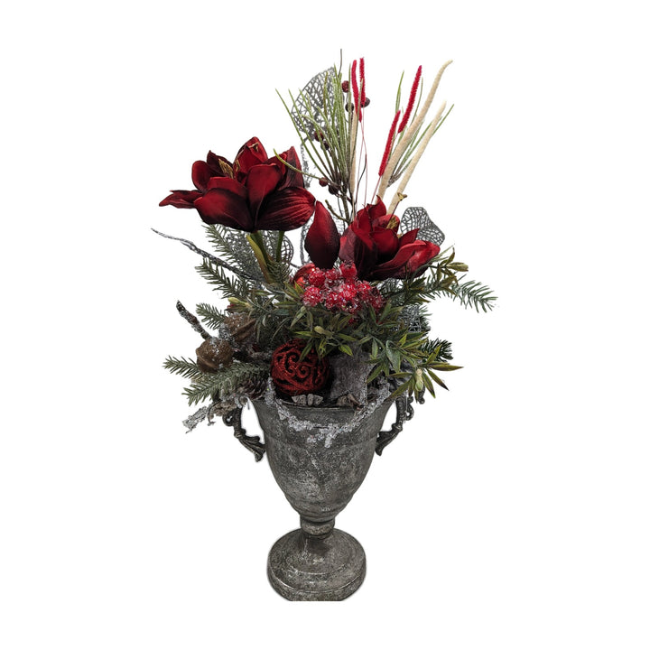 Freigestellt Weihnachtsgesteck Amaryllis Kugel Stern im Pokal rot silber