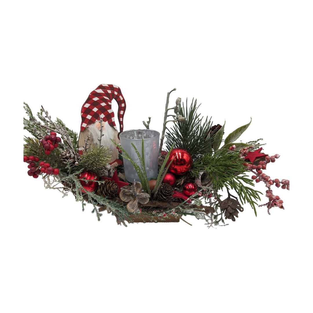 Freigestellt Weihnachtsgesteck Teelicht Kugel Wichtel Beeren rot grün