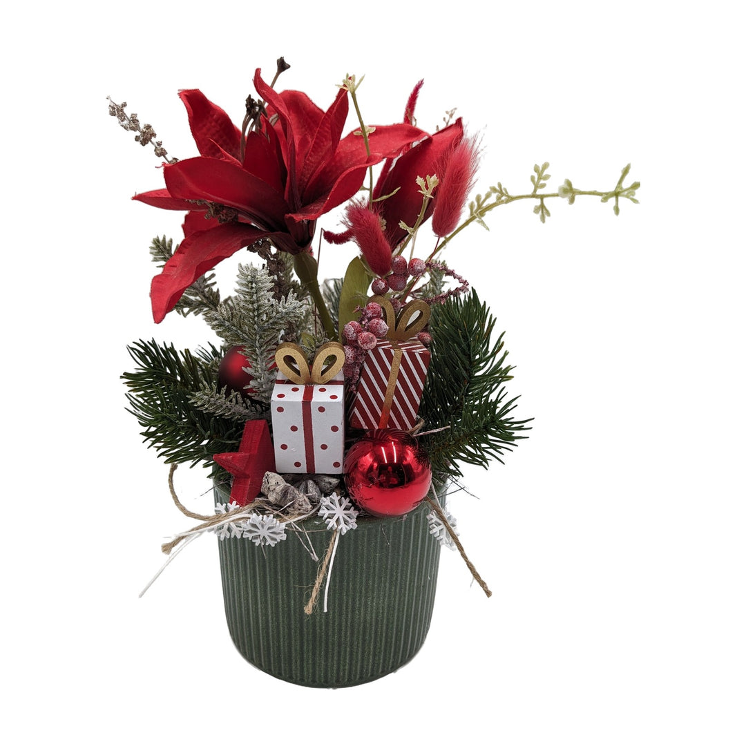Freigestellt Weihnachtsgesteck Amaryllis Kugel Geschenk rot weiß