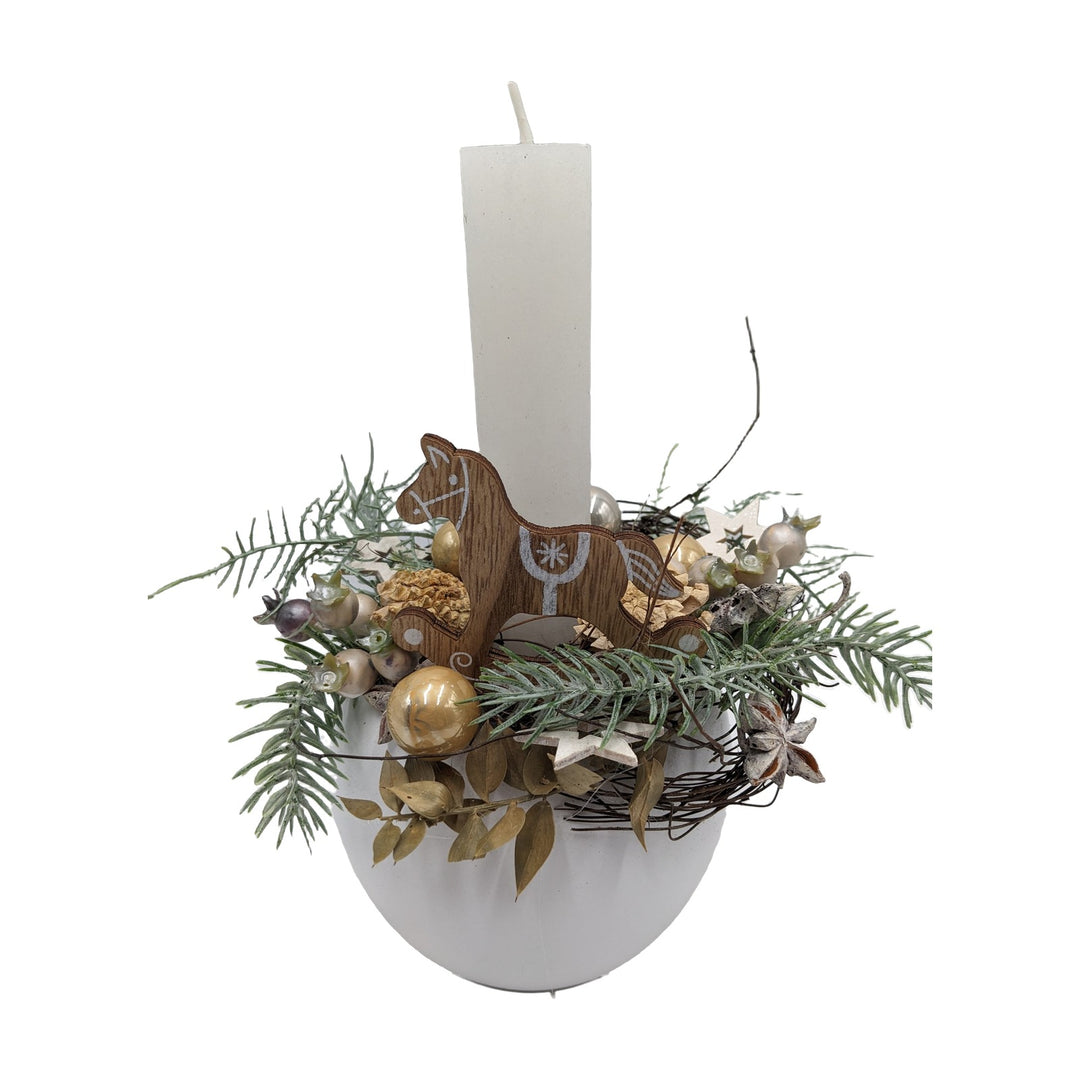 Freigestellt Weihnachtsgesteck Schaukelpferd Kugeln Sterne weiß gold