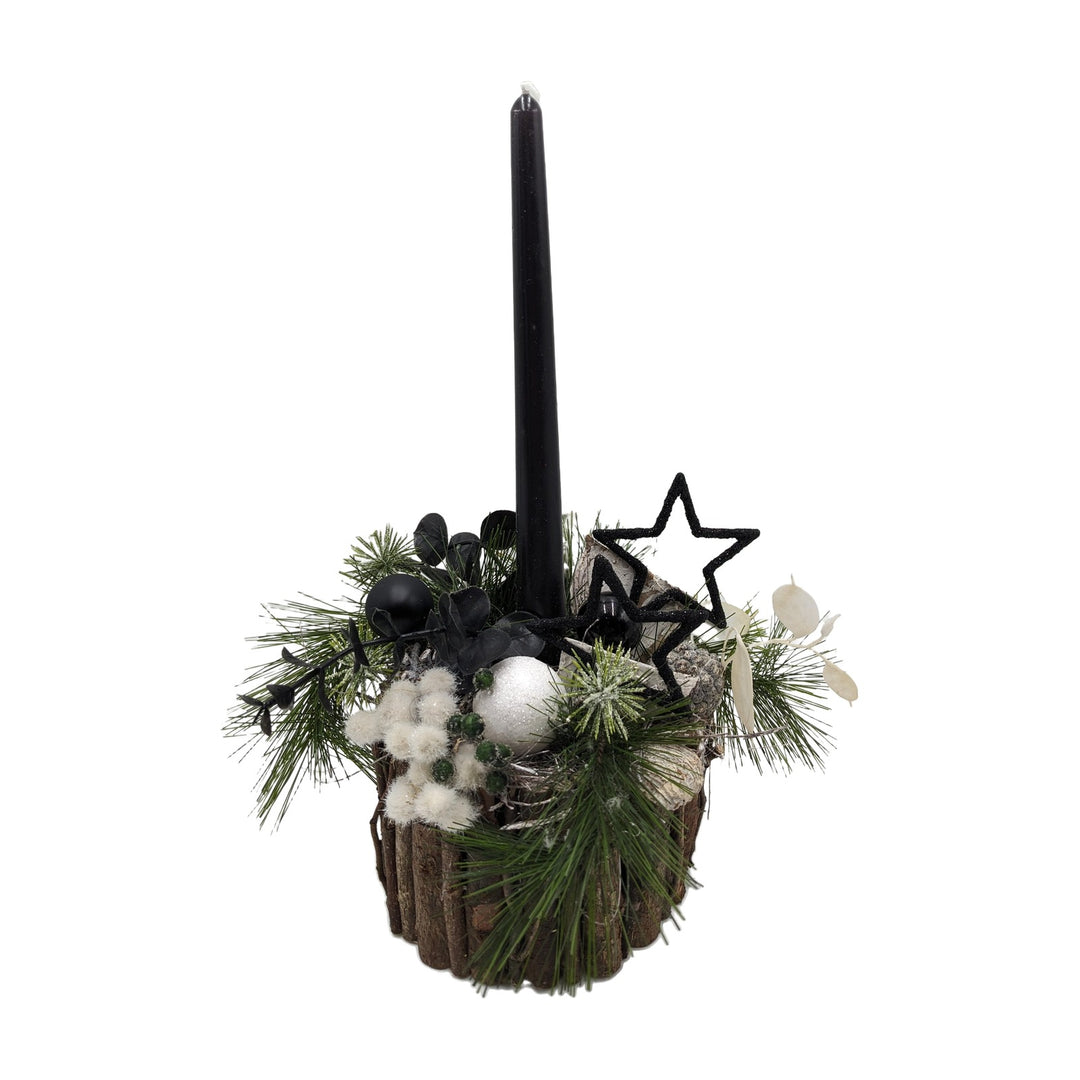 Freigestellt Weihnachtsgesteck Kugel Stern Kiefer schwarz weiß im Rindentopf