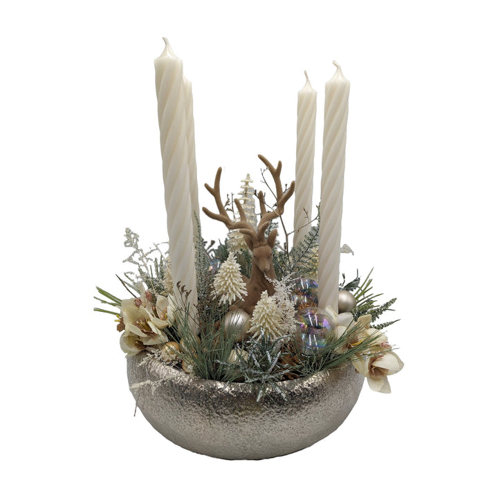 Freigestellt Adventsgesteck Hirsch Amaryllis Kugeln creme silber