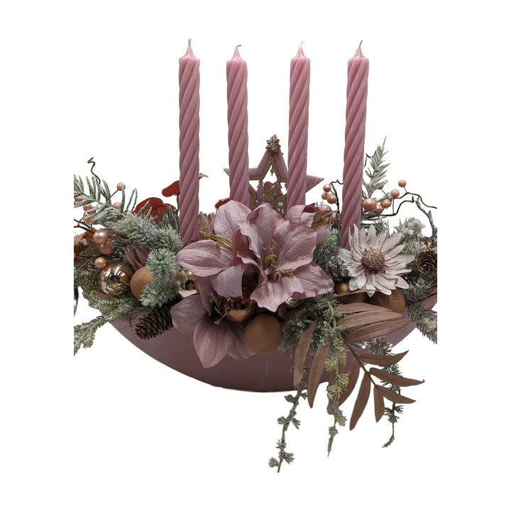 Freigestellt Adventsgesteck Amaryllis Kugeln Stern altrosa rosegold