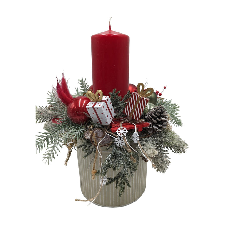 Freigestellt Weihnachtsgesteck Kerze Kugel Schlitten Geschenk rot weiß
